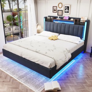 Graues Polsterbett 140x200 mit LED, USB-Anschluss und Stauraum im Kopfteil.
