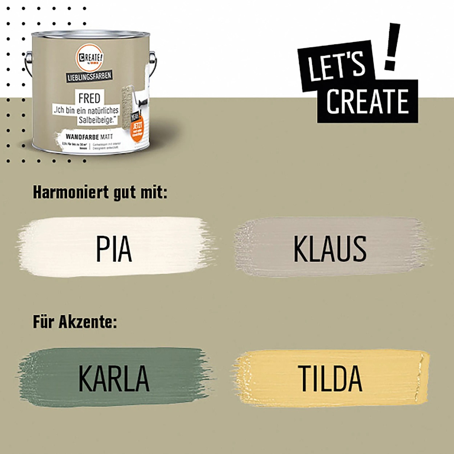 CREATE! by OBI Wandfarbe Fred Salbeibeige, matte Premium-Farbe mit Farbbeispielen.