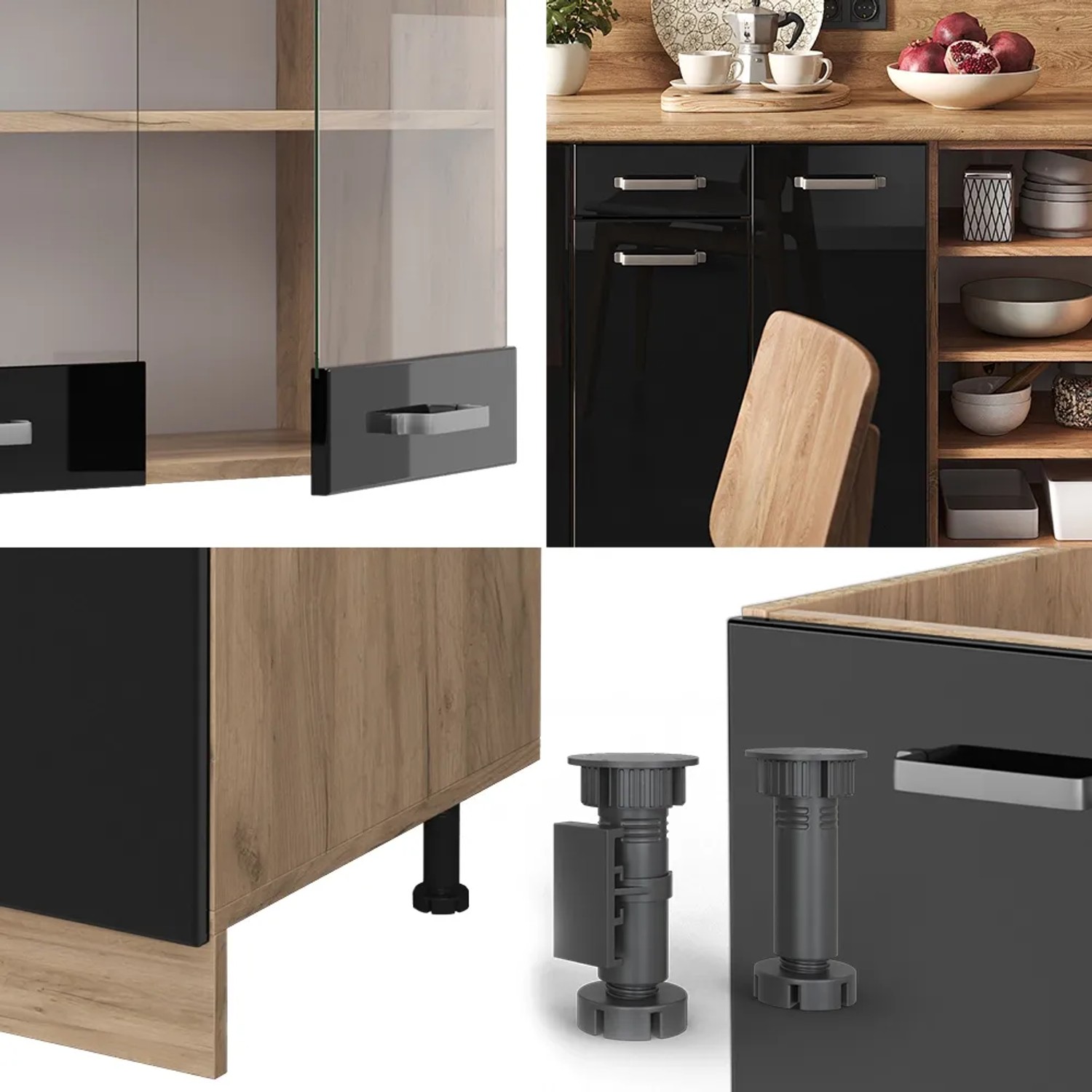 Vicco R-Line Küchenzeile in Schwarz Hochglanz/Goldkraft Eiche mit anthrazitfarbener Arbeitsplatte.