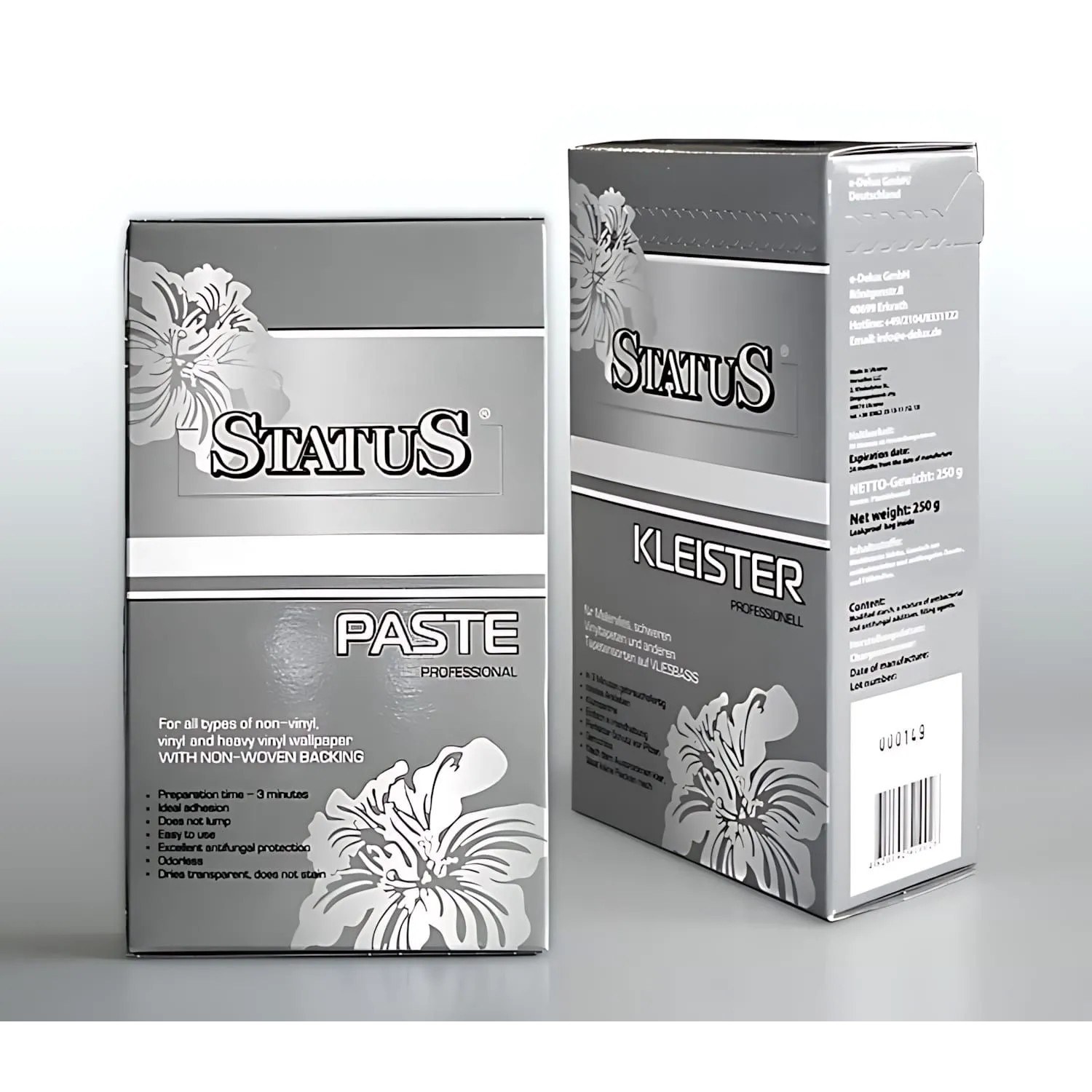 PROFHOME STATUS PROFI Tapetenkleister 250g in grauer Packung mit floralem Design für Vliestapeten.