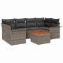 Graues 7-tlg. vidaXL Garten-Sofa-Set aus Poly Rattan mit Tisch und grauen Kissen.