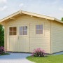 Unbehandeltes Weka Holz-Gartenhaus Sienna mit Satteldach, 340x370 cm, im Garten.