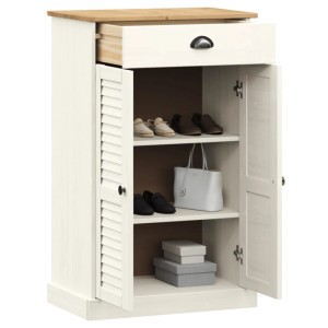 Weißer vidaXL Schuhschrank VIGO aus Kiefernholz mit Schublade und zwei Fächern.
