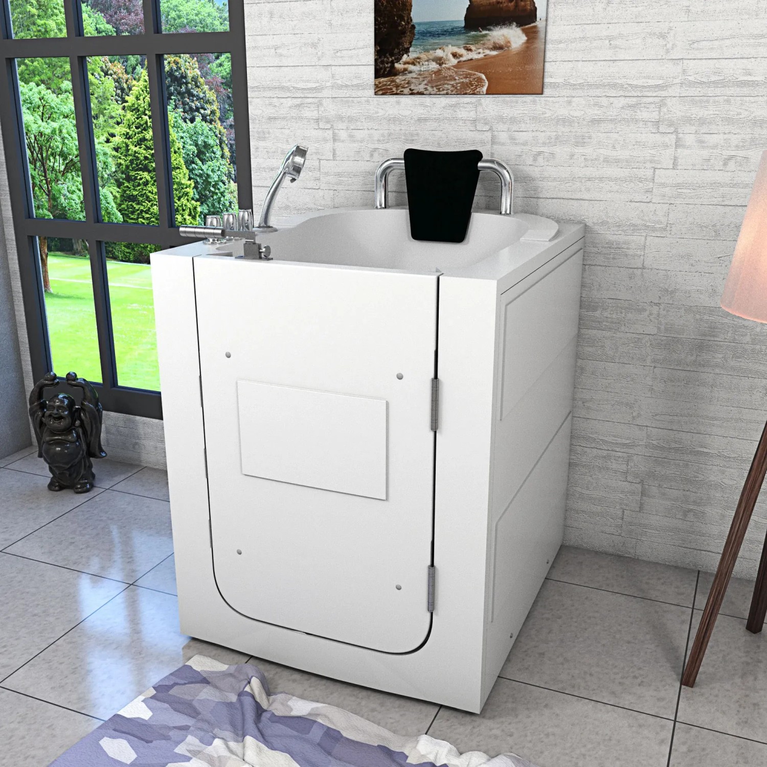 Weiße Senioren Badewanne mit Tür, Armaturen und Nackenstütze. Rechteck-Badewanne für komfortables Baden.