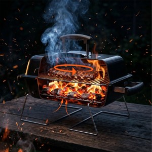 Schwarzer Relaxdays Holzkohle-Tischgrill mit Deckel, Fleisch auf Rost, glühende Kohle, Rauch, Luftzirkulation.