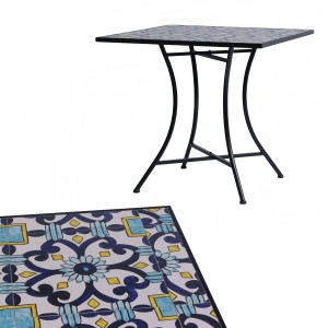 Quadratischer Mosaiktisch für Garten/Terrasse, blau-weiß-gelbes Muster, schwarzes Metallgestell, 77x77x70 cm.