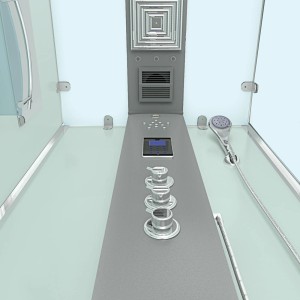 Innenansicht der AquaVapore Komplettdusche 100x100 cm mit Armaturen, Handbrause und Bedienelementen.