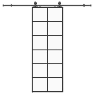 Schwarze vidaXL Schiebetür mit Beschlag, 76x205 cm, ESG-Glas, Sprossen-Design.