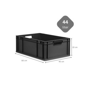 Schwarze PROREGAL Eurobox Nextgen, 44 Liter, mit Griffen und Scharnierdeckel. Aufbewahrungsbox für Lager und Transport.