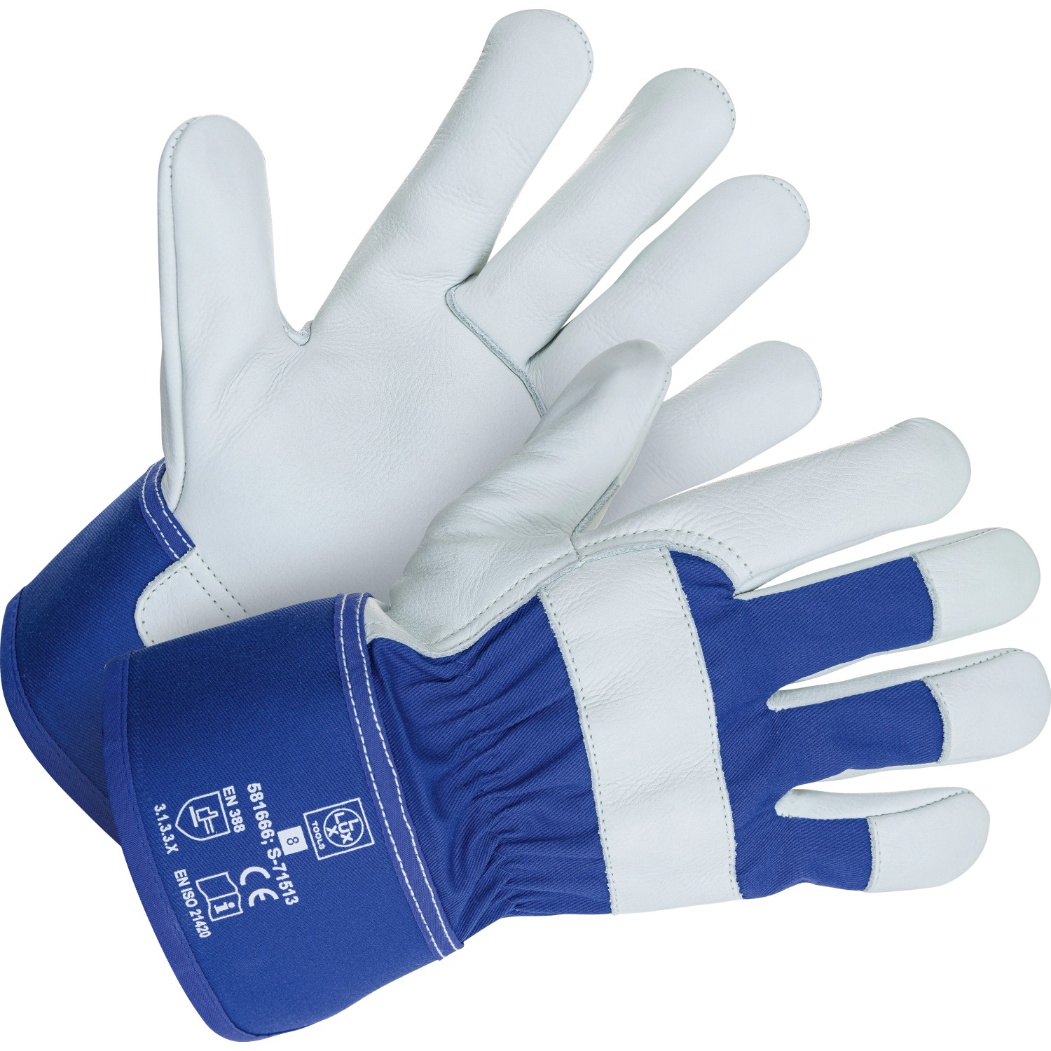 LUX Arbeitshandschuh aus Vollleder, Größe 10, mit blauem Handrücken und weißer Handfläche.