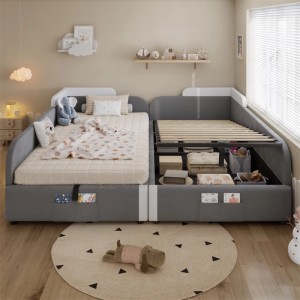 Graues Samt Polsterbett für Kinder, Kombinationsbett mit hydraulischem Stauraum, weichem Schutzgitter und Taschen.