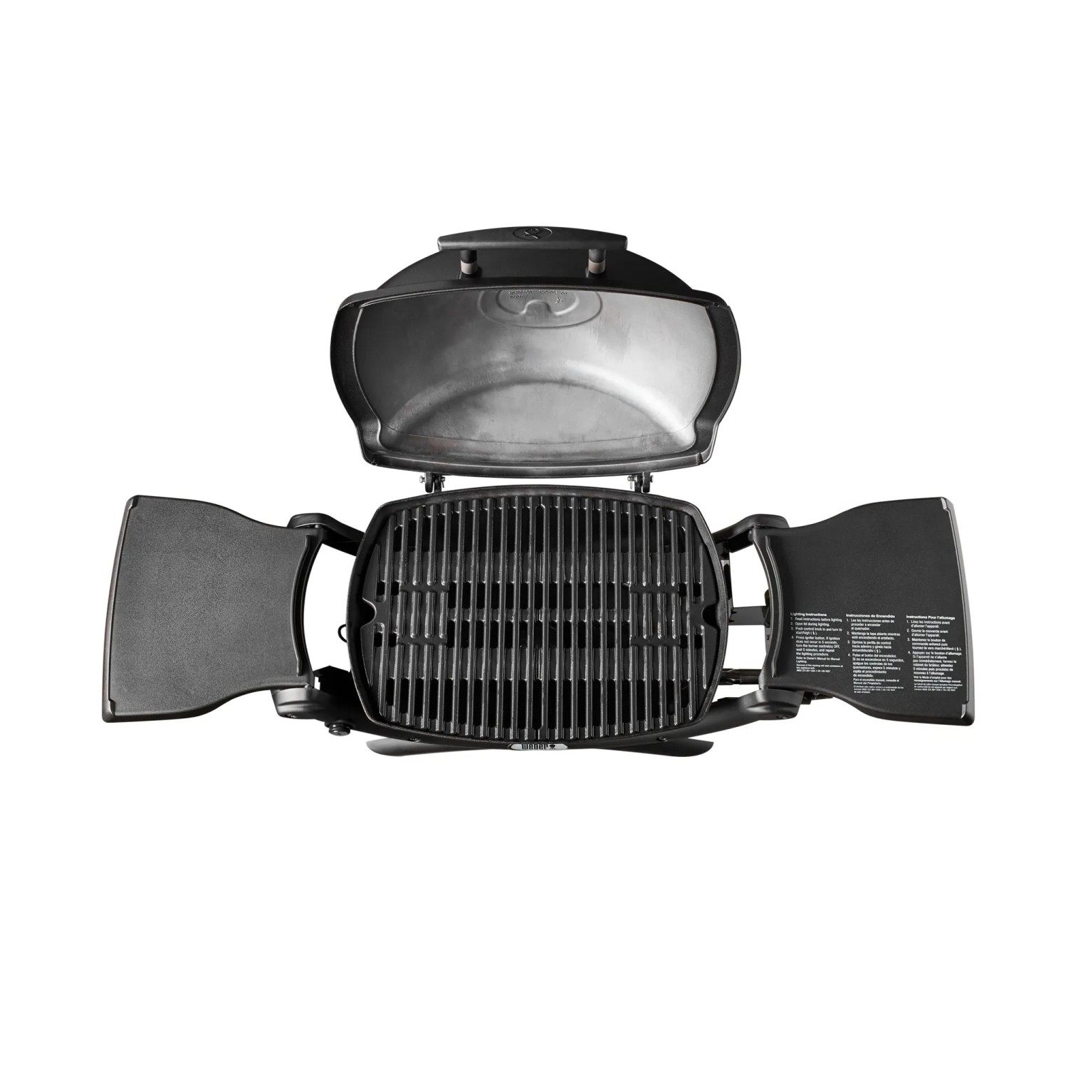 Weber Q 1200 Gasgrill, schwarz, mit offenem Deckel und Gussrost, Top-Ansicht.