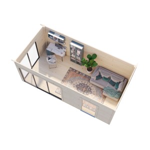 Innenansicht Palmako Gartenhaus Andrea Slide Plus: Büro- und Wohnbereich mit Schiebetür.