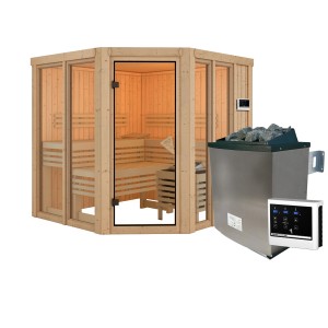 Karibu Sauna Airini mit Ofen (9 kW, extern, naturbelassen) mit bronzierten Fenstern und Steuerung.