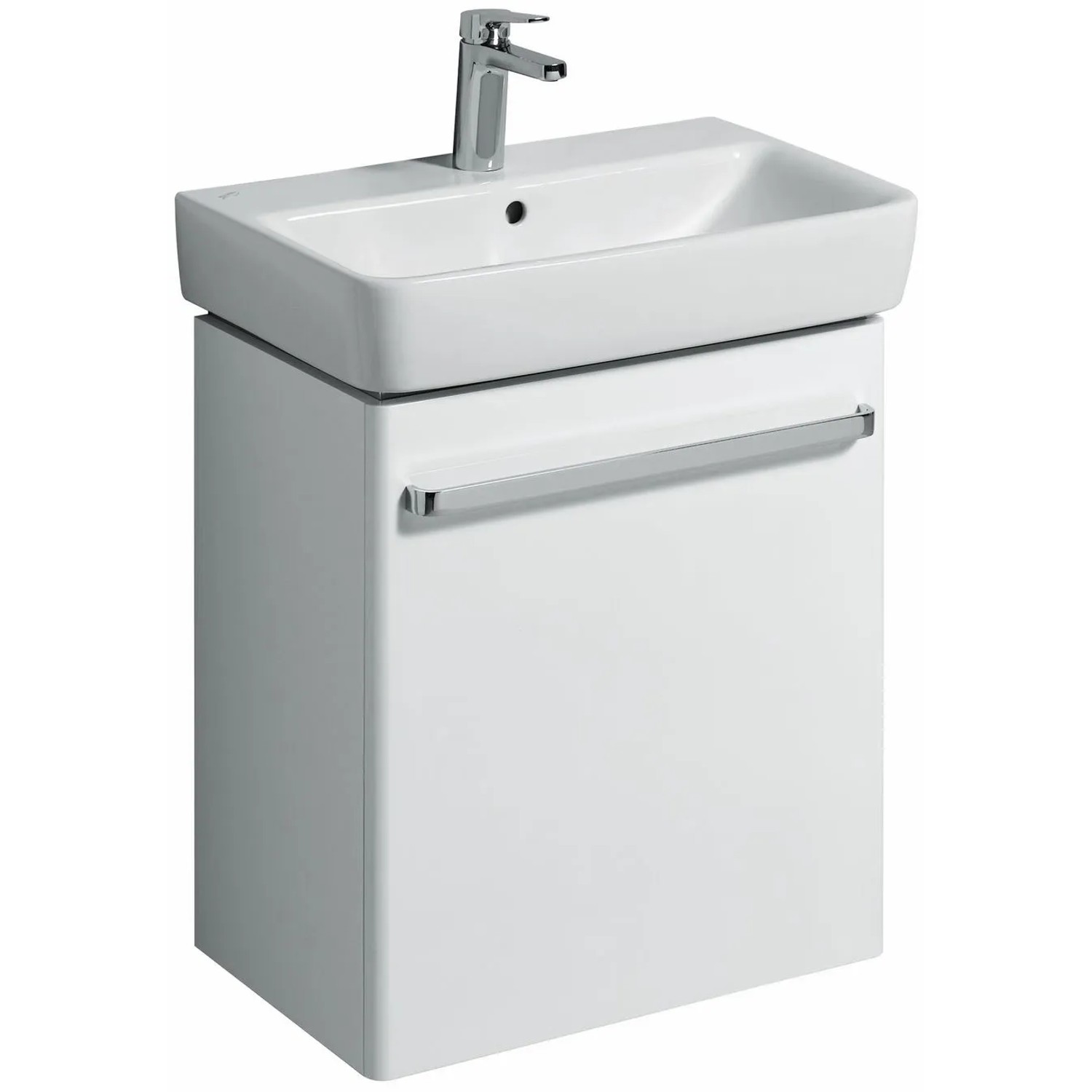 Geberit Renova Compact Waschbecken, 60 cm, weiß, mit Armatur und Unterschrank.