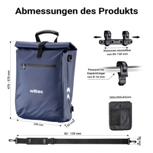 Wiltec Gepäckträgertasche Blau 25L Fahrradtasche Rucksack Gepäcktasche