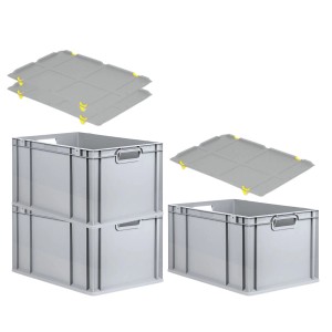 PROREGAL SuperSparSet: 3 graue Euroboxen mit Deckel und gelben Verschlüssen, 32x40x60 cm, 65 Liter.