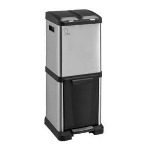 Silberner Svita 32L Mülleimer mit Mülltrennsystem. Oben zwei Fächer mit Druckknopf, unten ein Fach mit Tretpedal.
