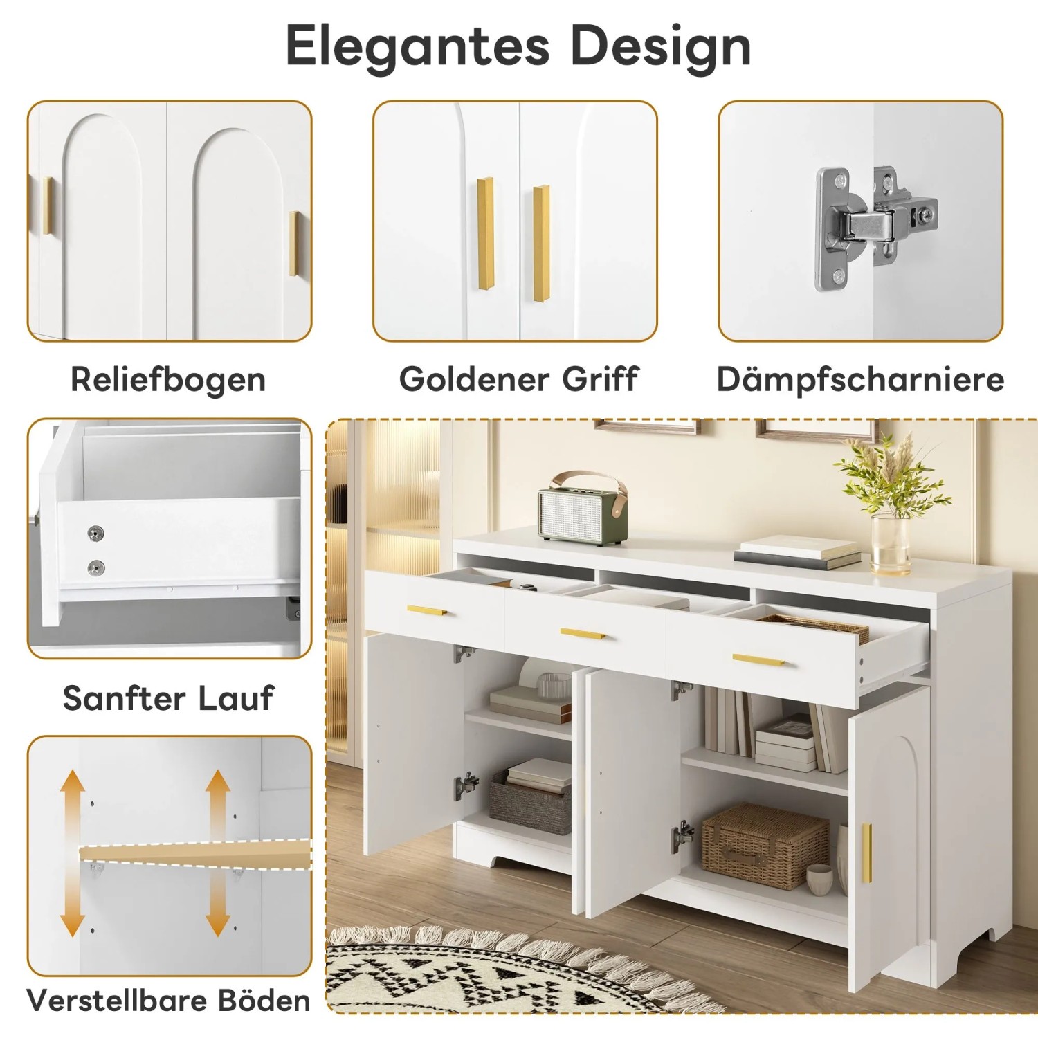 Weißes Merax Sideboard mit 4 Türen, Bogenrelief, 3 Schubladen und goldenen Griffen. Verstellbare Böden, gedämpfte Scharniere.