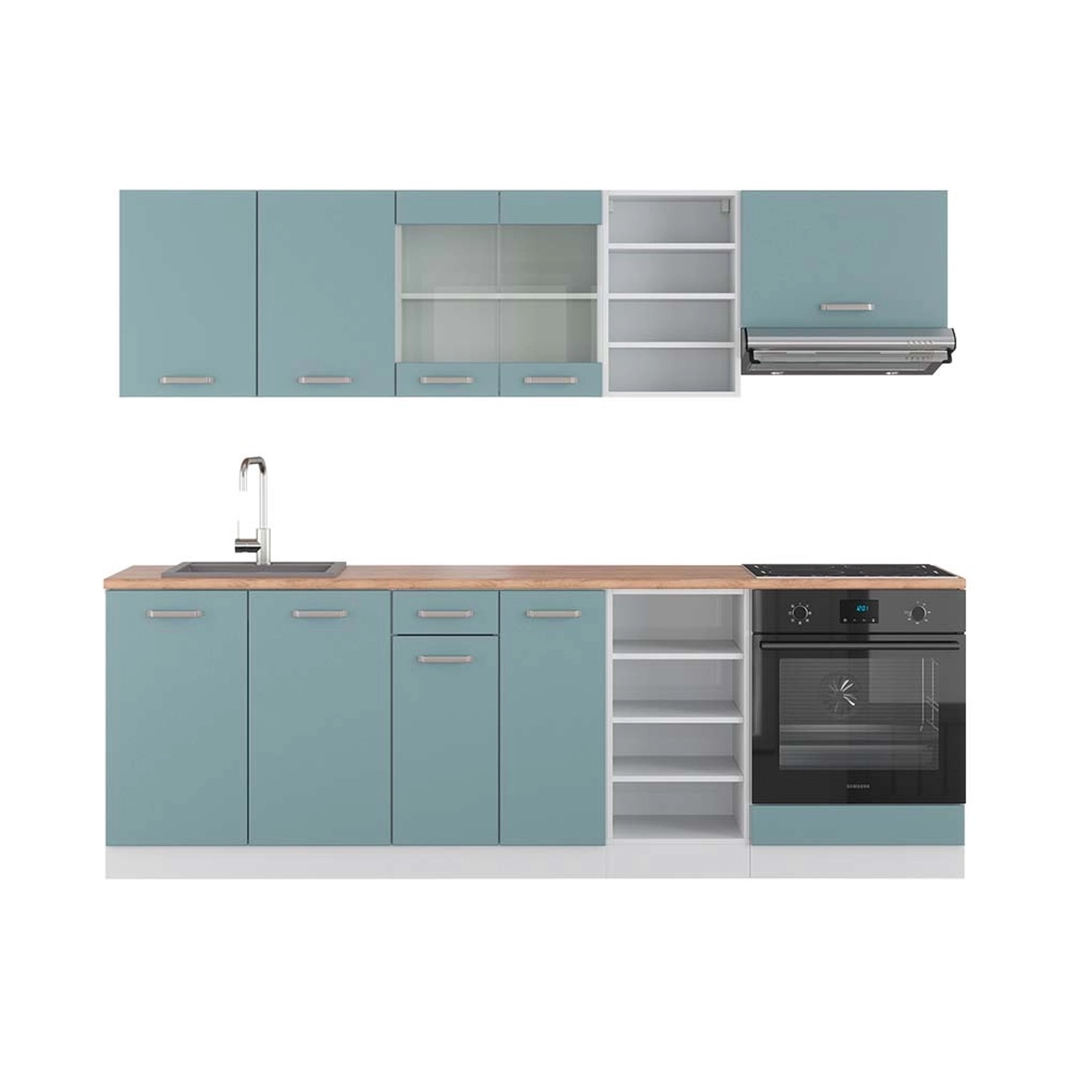 Vicco R-Line Küchenzeile Blau-Grau/Weiß 240 cm AP Eiche günstig online kaufen