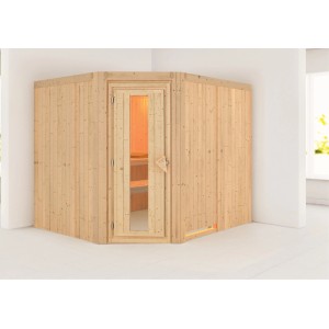 Karibu Sauna Natur aus Fichte mit Glastür und drei Liegen im Innenraum.