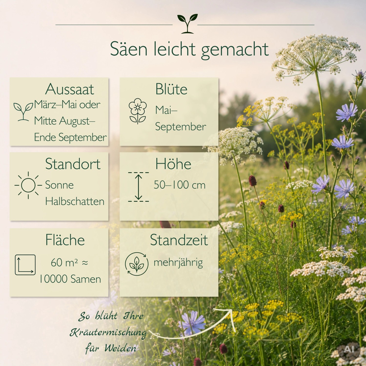 Blühende LaCaTho Kräutermischung für Weiden mit weißen, gelben, blauen Blumen. Dazu Infos zu Aussaat, Blütezeit, Standort.