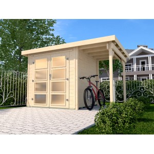 Weka Holz-Gartenhaus Pesaro mit Flachdach, unbehandelt, mit Anbau und Fahrrad