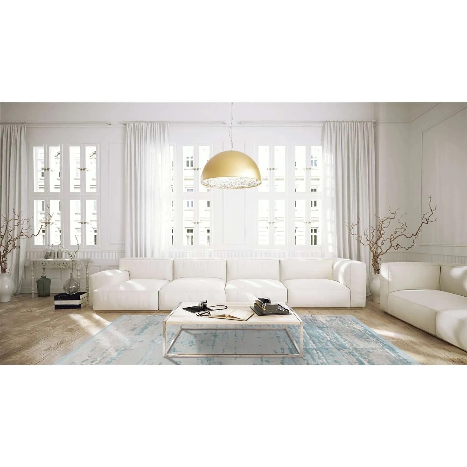 MeGusta Kurzflor Teppich Dolores, 80x150 cm, hellblau im Vintage Used Look in einem Wohnzimmer.