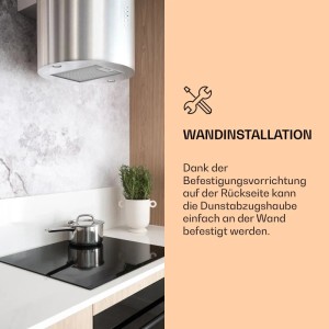 Klarstein Barella Wand-Dunstabzugshaube aus Edelstahl über Kochfeld in moderner Küche, zur einfachen Wandmontage.
