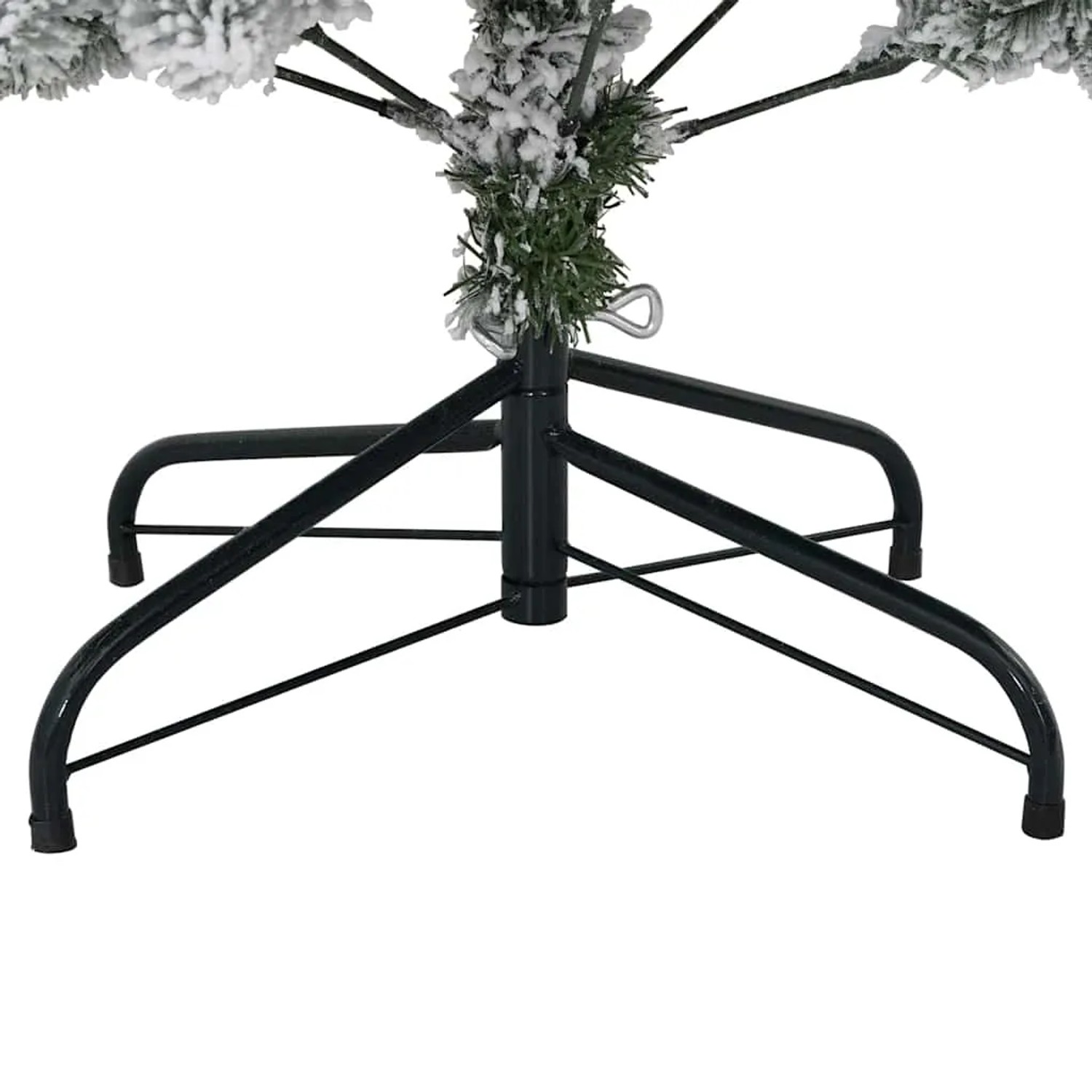 Detailaufnahme des schwarzen Metallfußes eines künstlichen, grün-weißen vidaXL Weihnachtsbaums.
