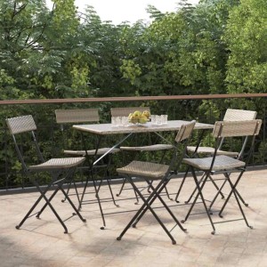 Graue Furnicato Bistrostühle, 6er Set, klappbar, aus Poly Rattan und Stahl für Garten oder Terrasse.