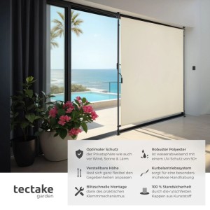 Beige Klemmmarkise von Tectake, 120x310 cm, mit Kurbel und UV-Schutz für Balkon oder Terrasse.