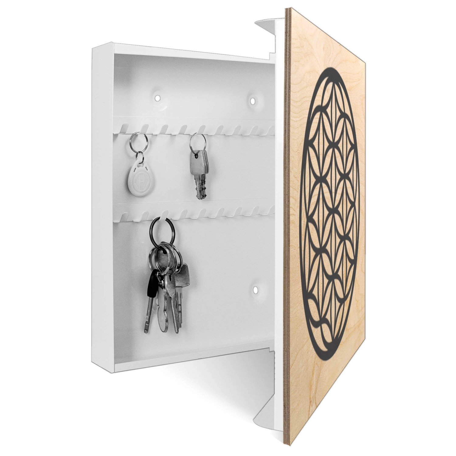 Weißer Banjado Schlüsselkasten aus Holz mit Blume des Lebens Muster, 50 Haken, Scharnier rechts.