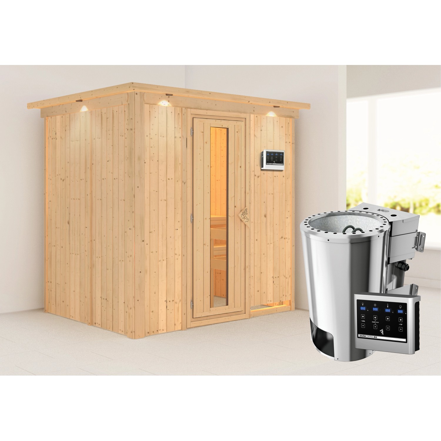 Karibu Sauna Finja mit Bio-Ofen externe Stg.Easy LED-Dachkranz Natur