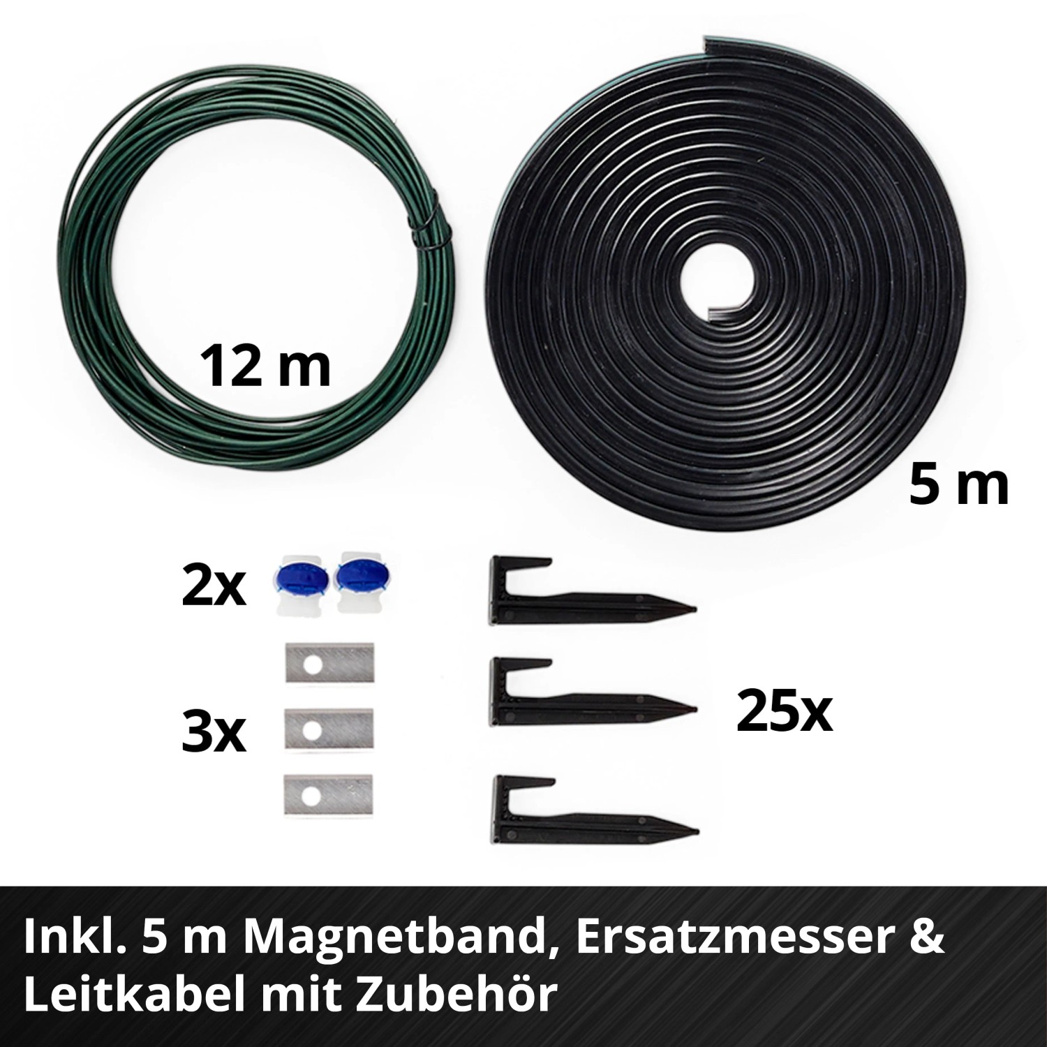Zubehör für Einhell Freelexo Mähroboter: Magnetband, Leitkabel, Haken und Messer.