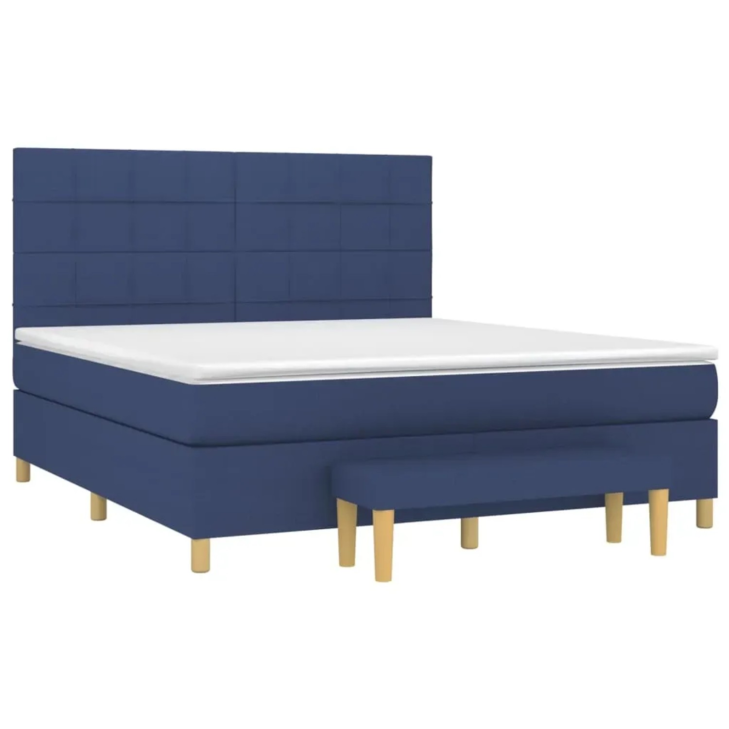 Blaues Boxspringbett (180x200 cm) mit Matratze und Bank, Stoffbezug.