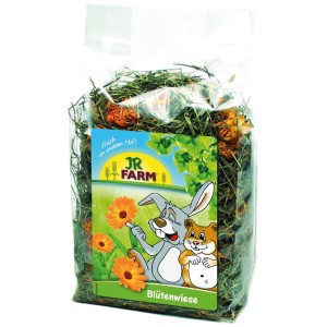 JR Farm Nager-Snack Blütenwiese, 100g Packung mit Heu und Ringelblumenblüten.
