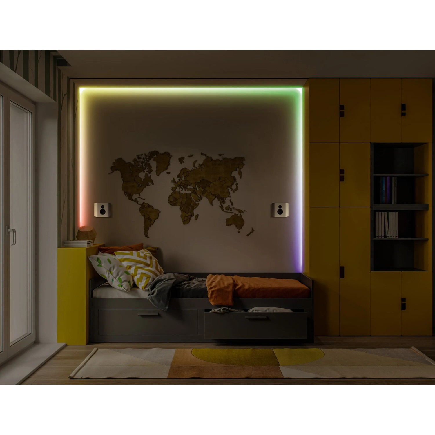 Ledvance LED-Streifen Flex Audio RGB im Kinderzimmer, der auf Musik reagiert und indirektes Licht spendet.
