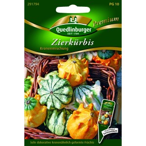 Samenpackung Quedlinburger Zierkürbis 'Kronenmischung' mit gelben, grünen und beigen Kürbissen.
