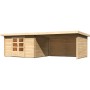 Unbehandeltes Karibu Holz-Gartenhaus Ängelholm mit Pultdach und Anbau, Frontansicht.