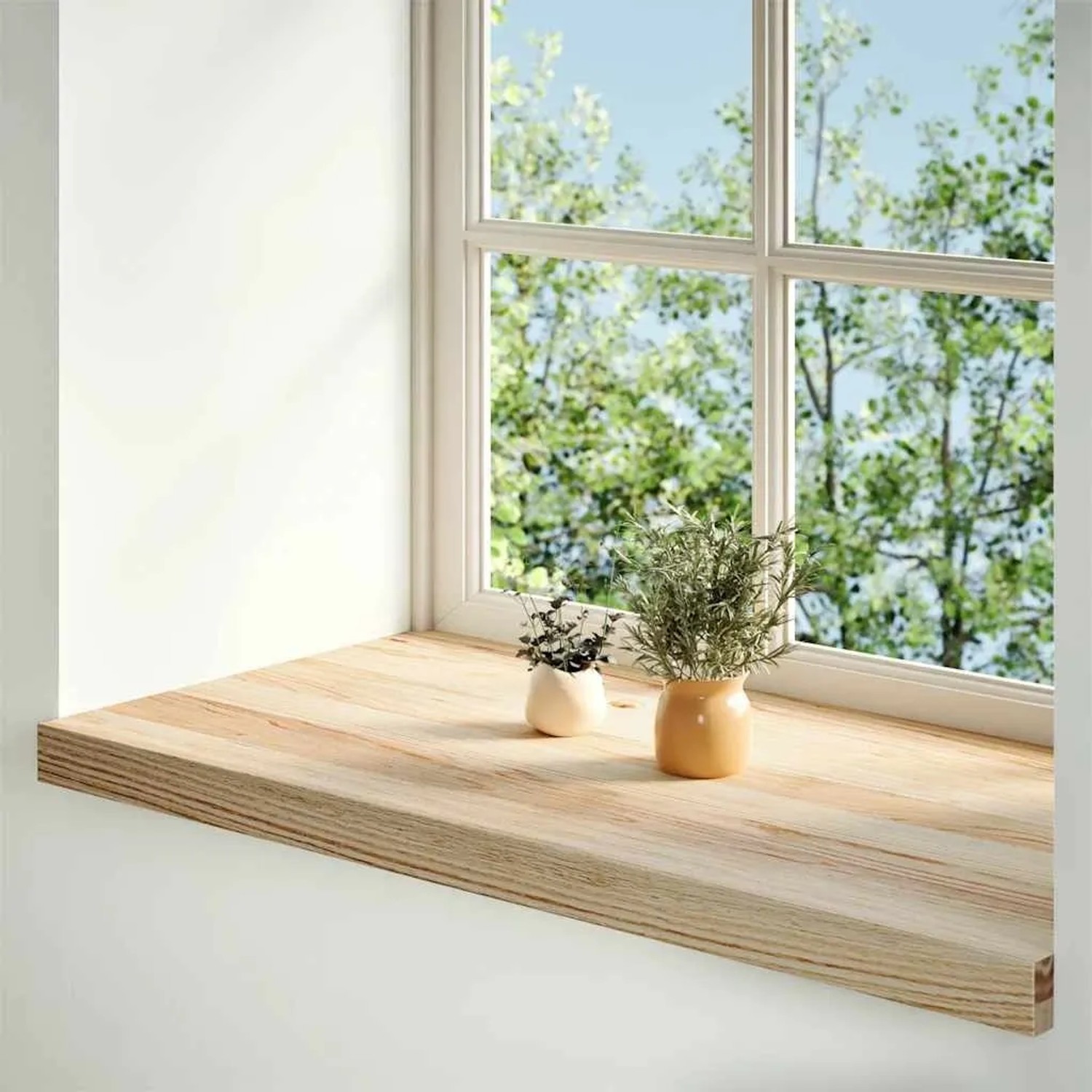Zwei unbehandelte Fensterbänke aus massivem Eichenholz, 80x40 cm, mit Dekoration auf einer Fensterbank.