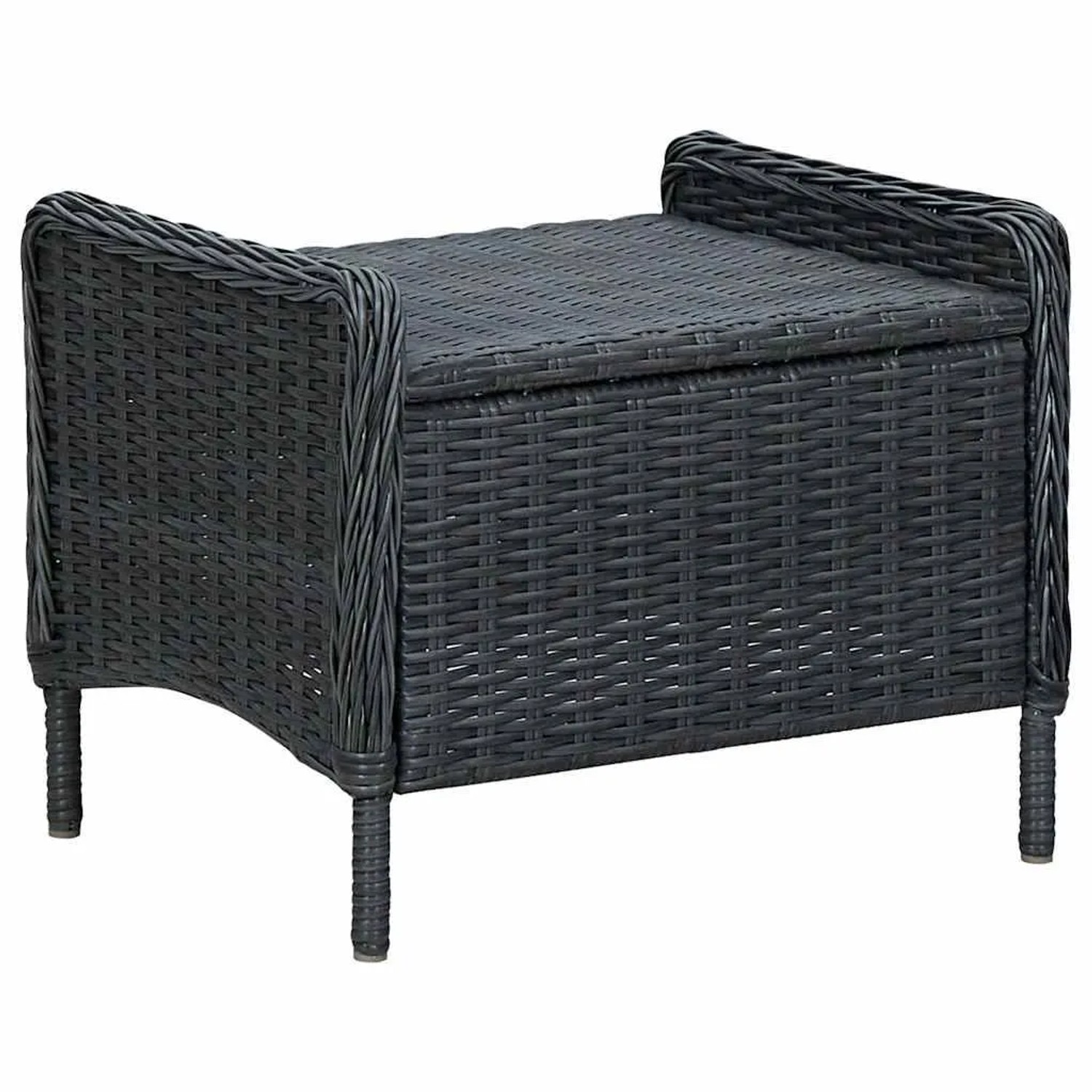 Dunkelgrauer Poly-Rattan Fußhocker für den Garten. Geflochtene Oberfläche, rechteckig, kurze Beine. Ideal für Gartensessel.