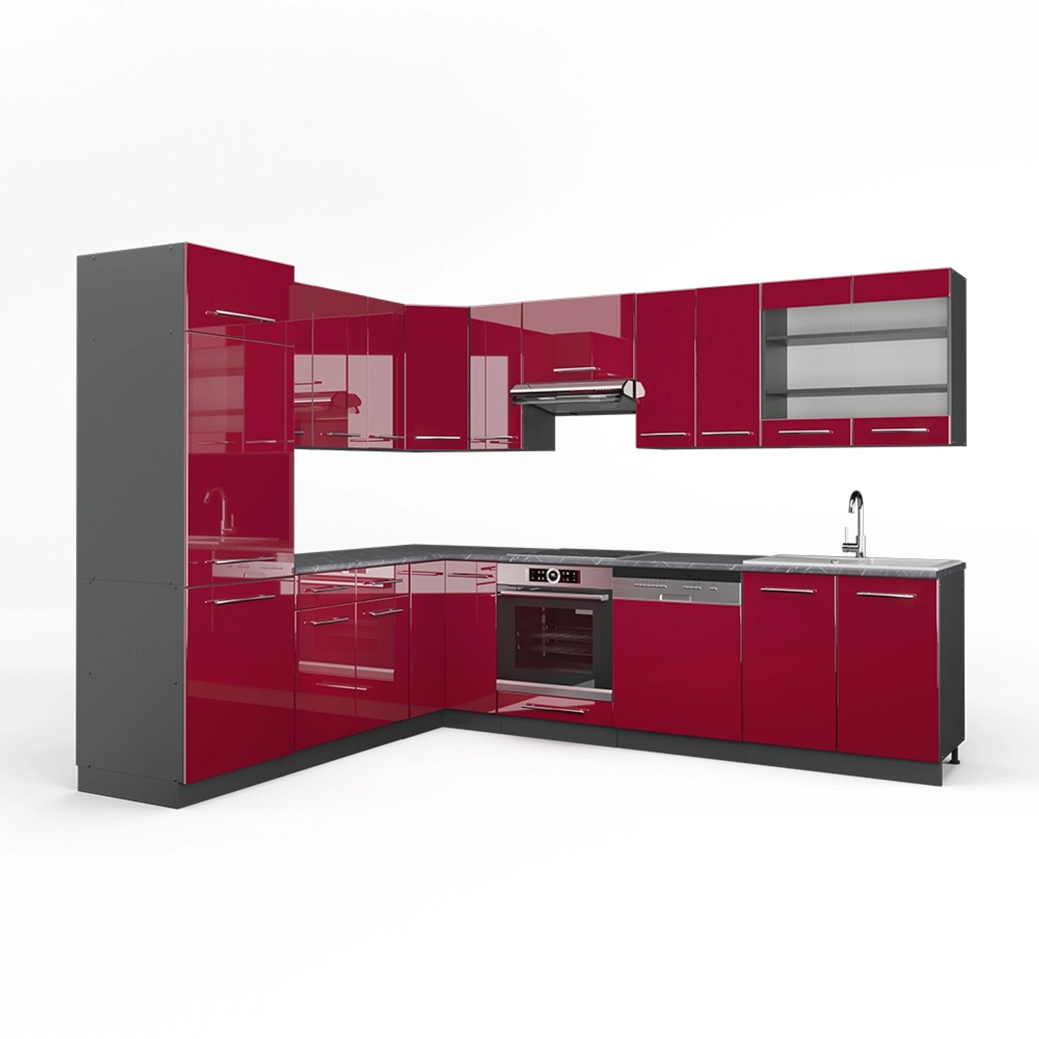 Vicco Fame-Line Eckküche Bordeaux Hochglanz/Anthrazit 227 x 60 cm ohne Arbe günstig online kaufen