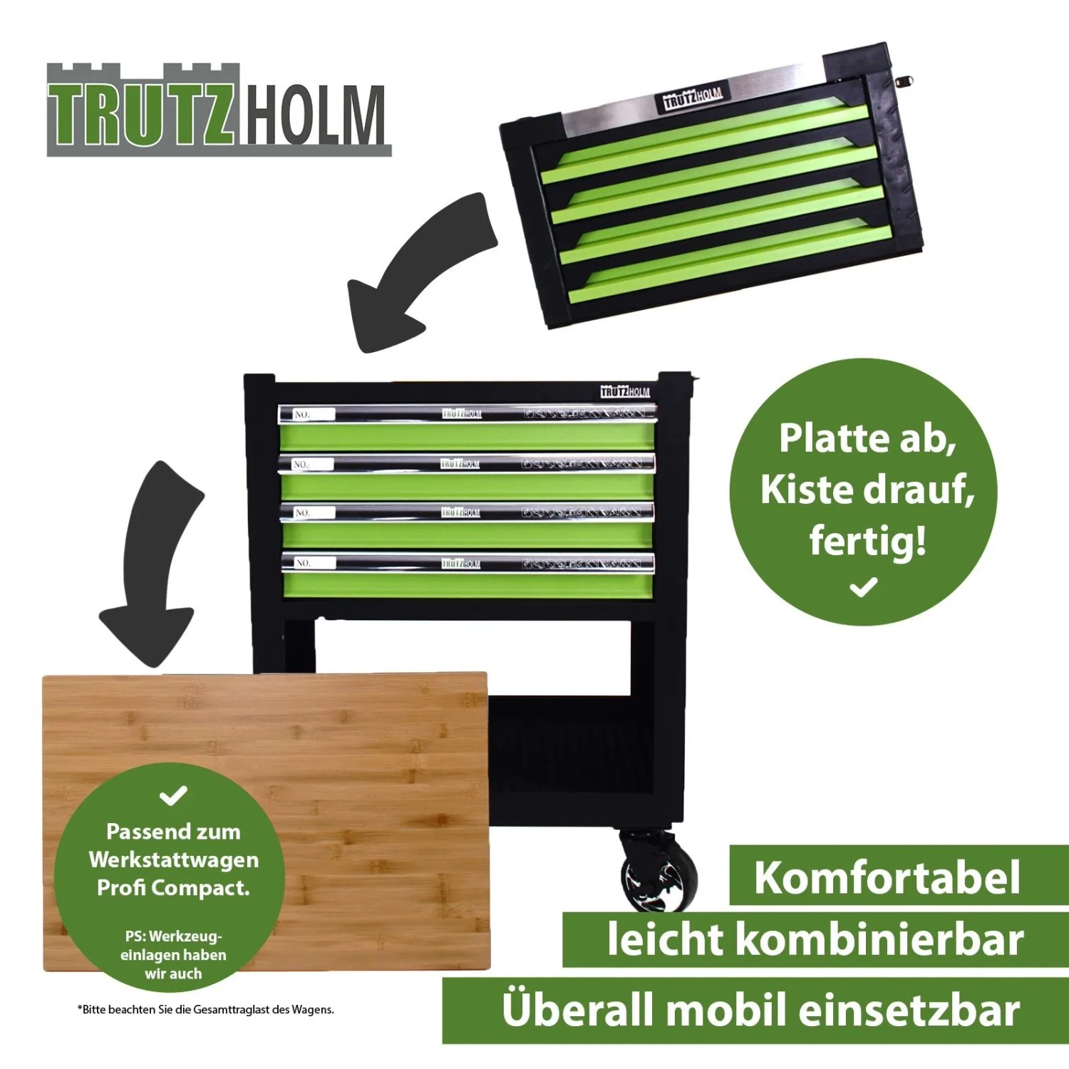 TRUTZHOLM Werkzeugkiste mit 4 grünen Schubladen, leer, für Werkstattwagen. Stauraum und Ordnung.