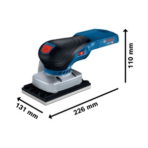 Blauer Bosch Professional Akku Schwingschleifer GSS 18V-13 mit schwarzem Griff und grauer Schleifplatte, Maße 226x131x110 mm.
