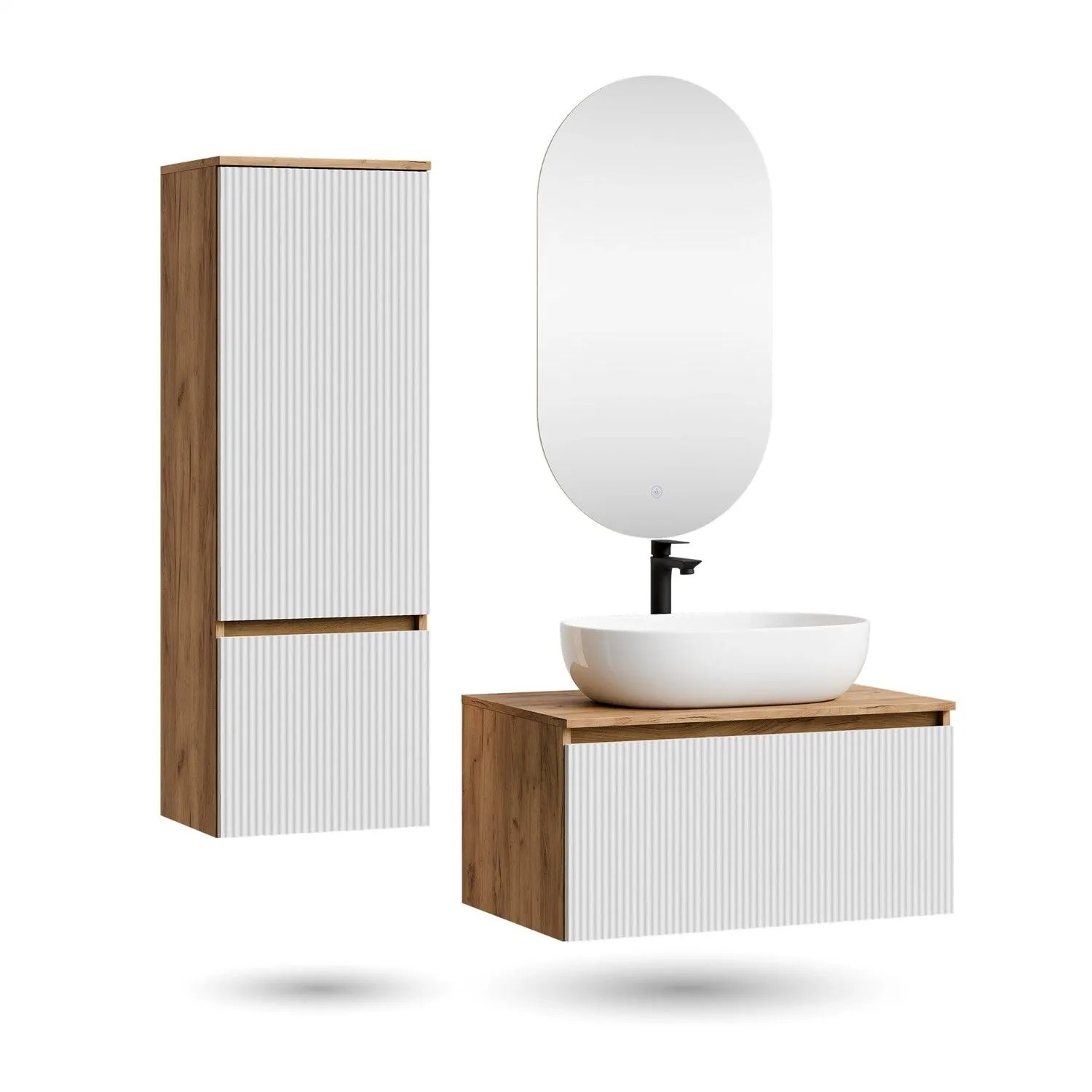 Planetmöbel ARISA Badmöbel Set 80 cm Weiß Geriffelt mit Hochschrank LED Spiegel Dimmbar und Keramik Aufsatzwaschbecken 60 cm Weiß