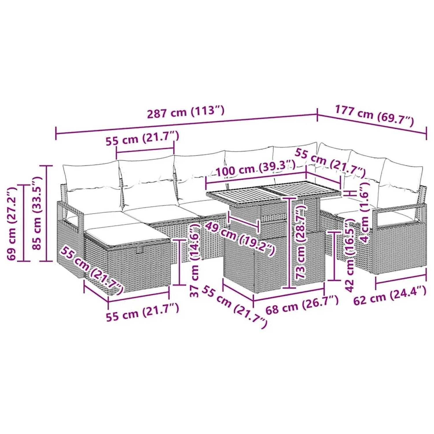 Graues 9-teiliges vidaXL Garten-Sofa-Set aus Poly Rattan mit Tisch und verstellbarer Höhe.