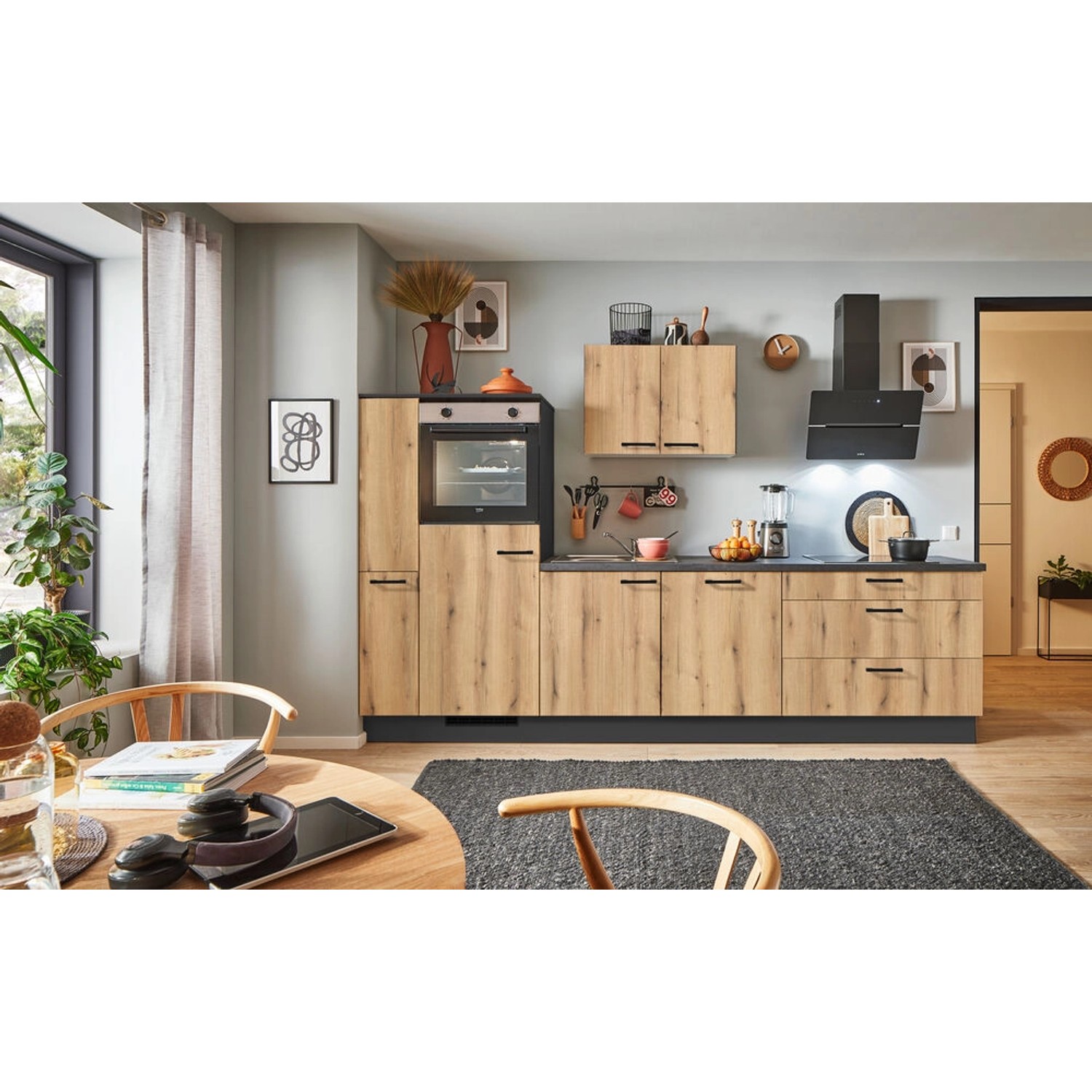 pino Küchenzeile 310 cm Evoke Eiche Anschlag,inks 1 Geräte-, 1 Apothekerschrank