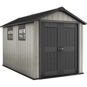 Keter Kunststoff-Gartenhaus, 7,18 m², grau. Gerätehaus mit Doppeltür und zwei Fenstern.