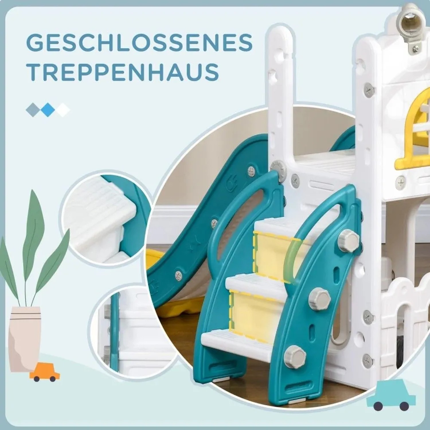 AIYAPLAY Kinderrutsche: Geschlossene, rutschfeste Treppe in Weiß-Türkis mit gelben Stufen für sicheres Spielen.